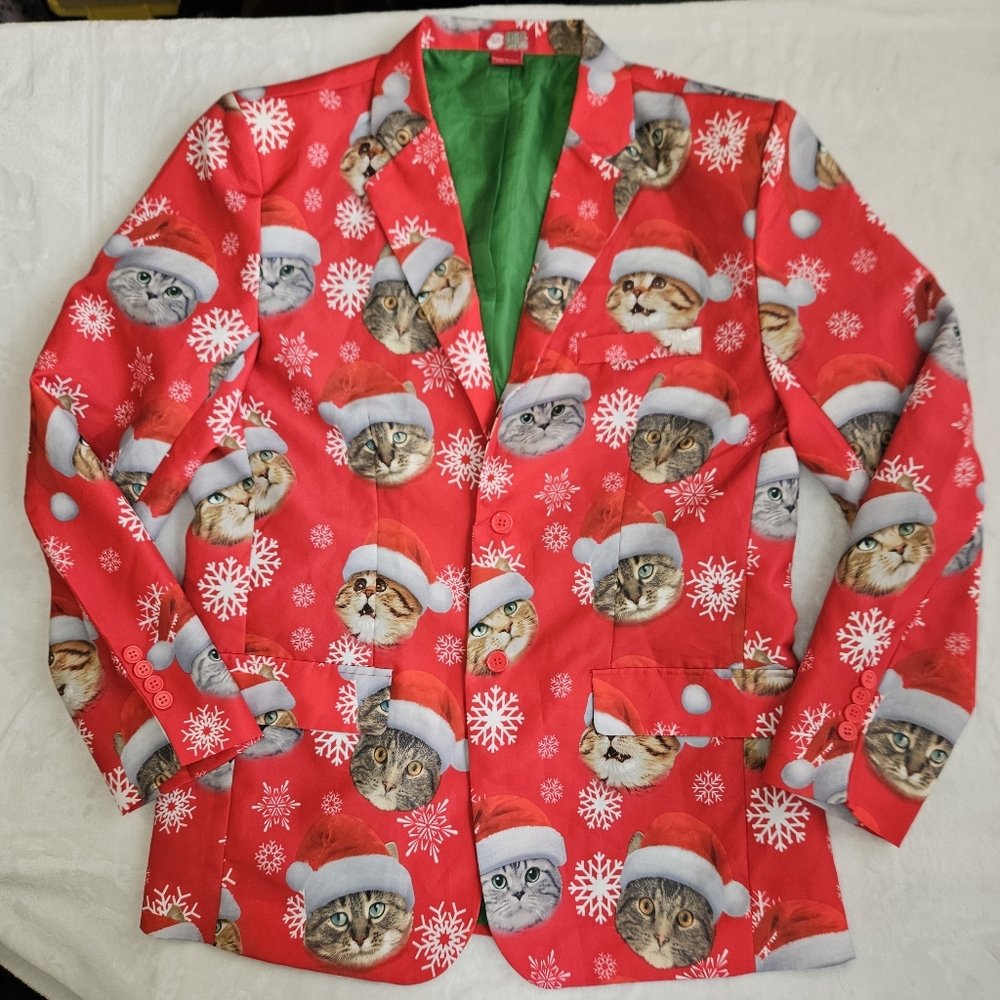 Dec 25 Christmas Santa Cats Blazer size Large Suit Coat- Ugly Xmas Sweater Party